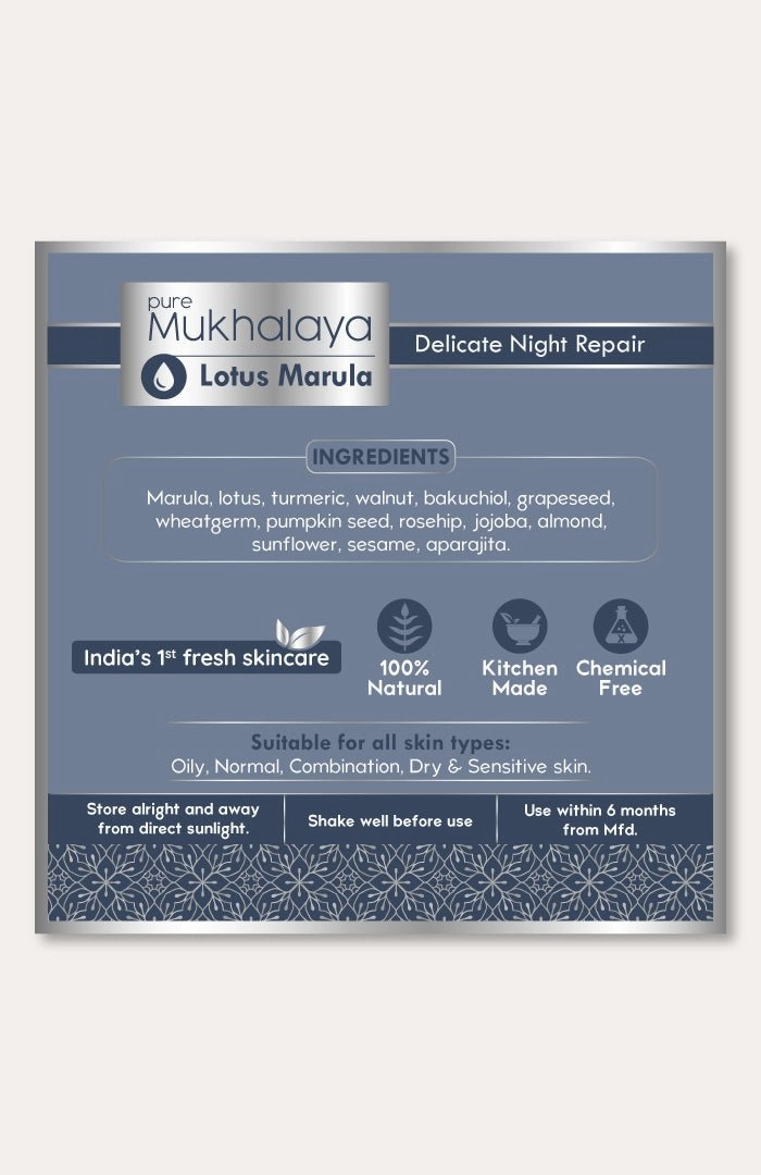 <strong>Pure Lotus Marula Mukhalaya 30ml</strong> <br><i>Delicate Night Repair</i>
