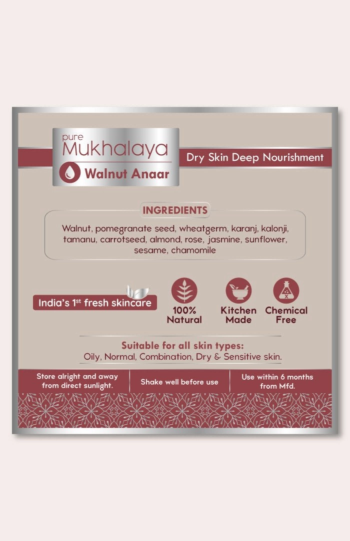 <strong>Pure Walnut Anaar Mukhalaya 30ml</strong> <br><i>Dry Skin Deep Nourishment</i>