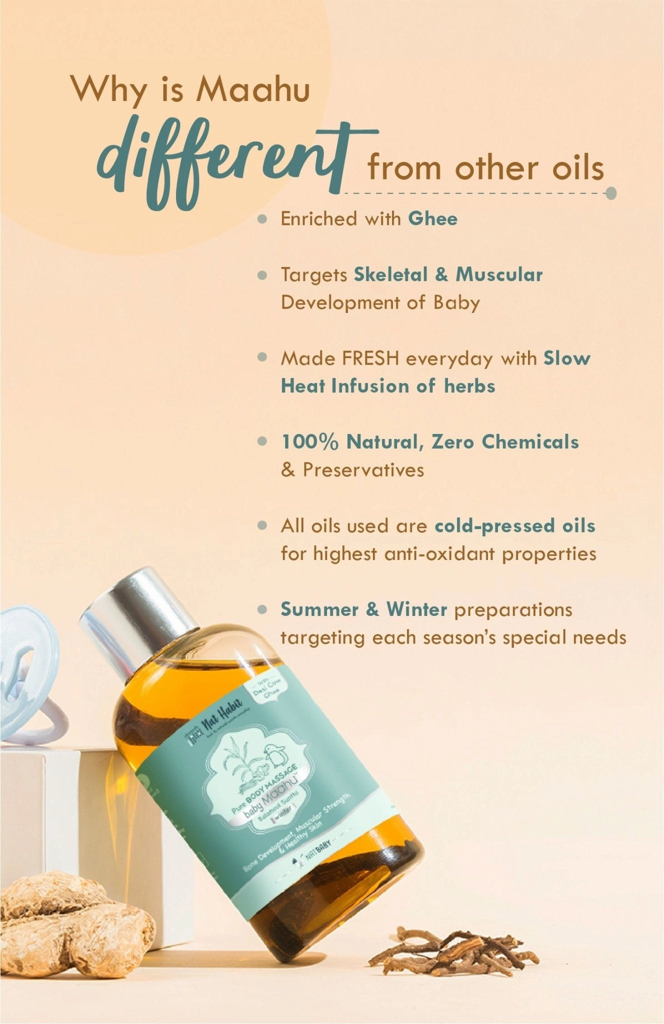 <strong>Winter Baby Massage Maahu - Balamool Sunthi - 100ml</strong> <br><i>Bone Development, Muscular Strength & Healthy Skin</i>