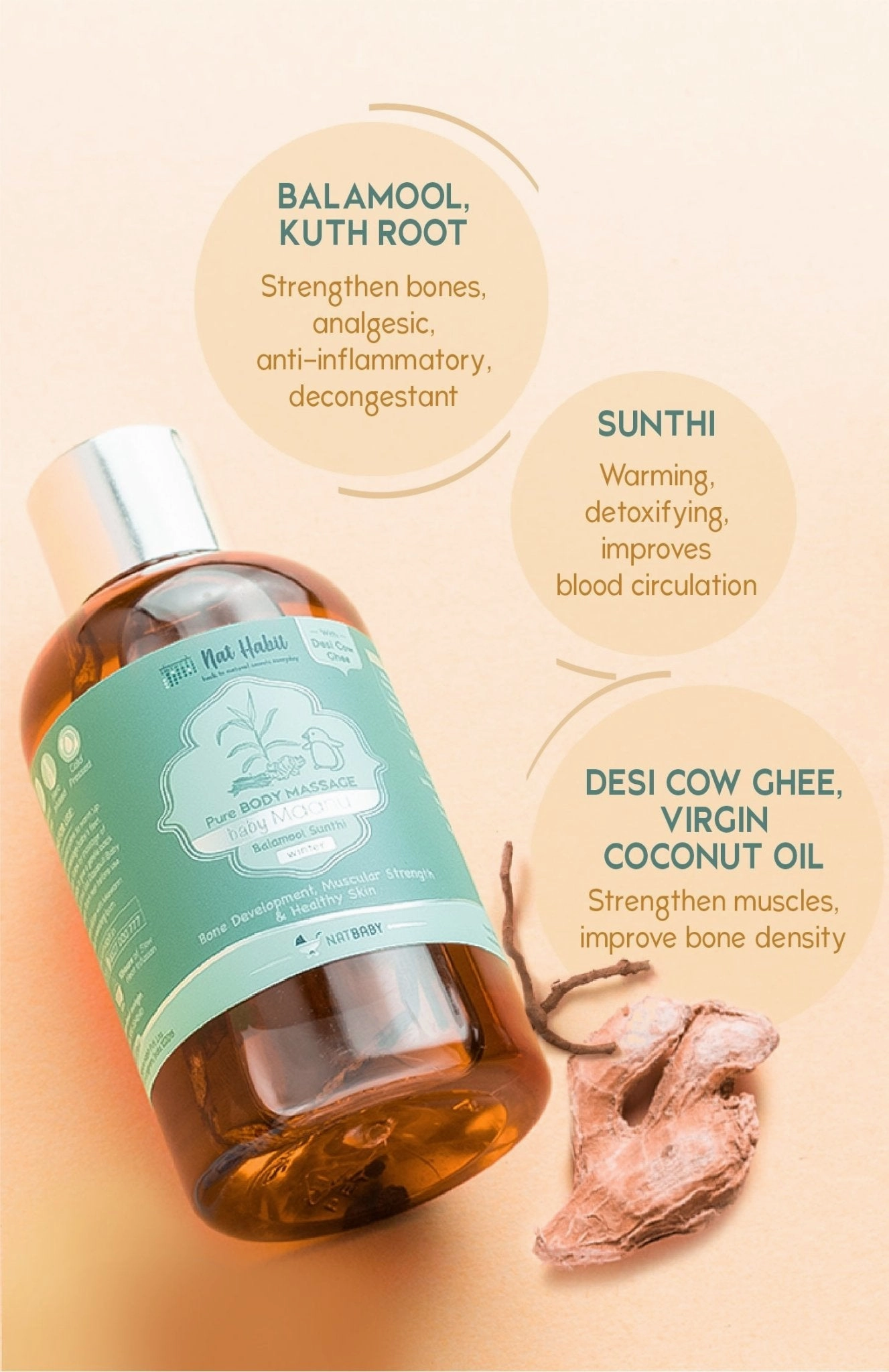 <strong>Winter Baby Massage Maahu - Balamool Sunthi - 100ml</strong> <br><i>Bone Development, Muscular Strength & Healthy Skin</i>