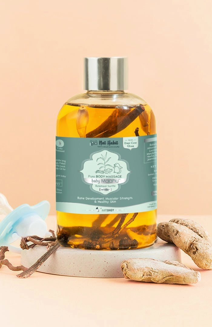 <strong>Winter Baby Massage Maahu - Balamool Sunthi - 100ml</strong> <br><i>Bone Development, Muscular Strength & Healthy Skin</i>