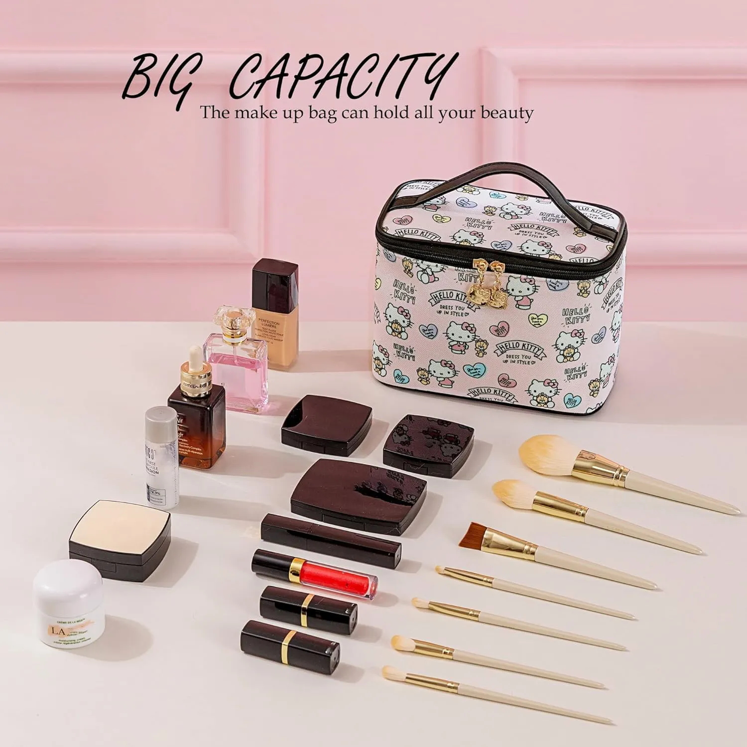 AmBealla Cosmetic Bag Large Makeup Bag Pink Makeup Travel Case with Brush Holder, Canvas Organizer for Women, Toiletry Bag for Skincare & Beauty Tools Sweet Cute for Girls