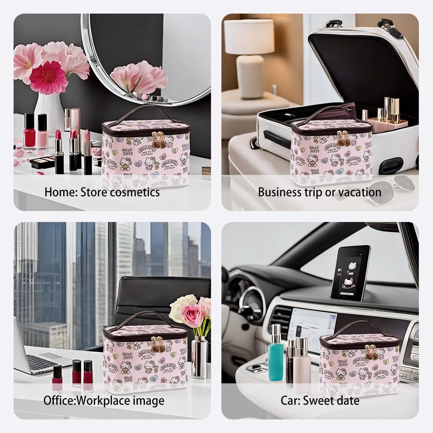 AmBealla Cosmetic Bag Large Makeup Bag Pink Makeup Travel Case with Brush Holder, Canvas Organizer for Women, Toiletry Bag for Skincare & Beauty Tools Sweet Cute for Girls