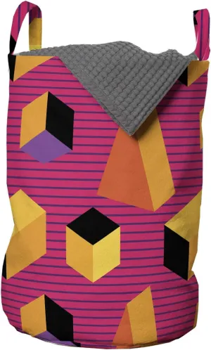 Ambesonne Abstract Laundry Bag, Rhythmic 80's Style Geometric Summer Tone Motifs on a Striped Background, Hamper Basket with Handles Drawstring Closure for Laundromats, 13" x 19", Orange and Fuchsia