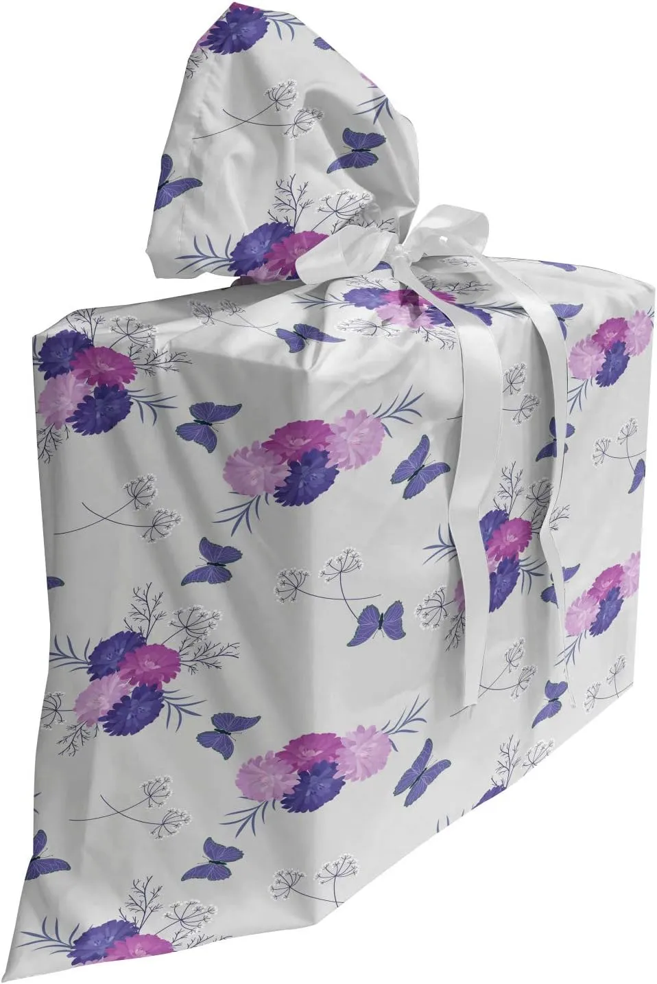 Ambesonne Floral Fabric Gift Bag, Rhythmic Meadow Flowers Bouquet Butterflies Pattern, Present Sack for Parties Birthdays with 3 Ribbons, 27, Fuchsia Violet