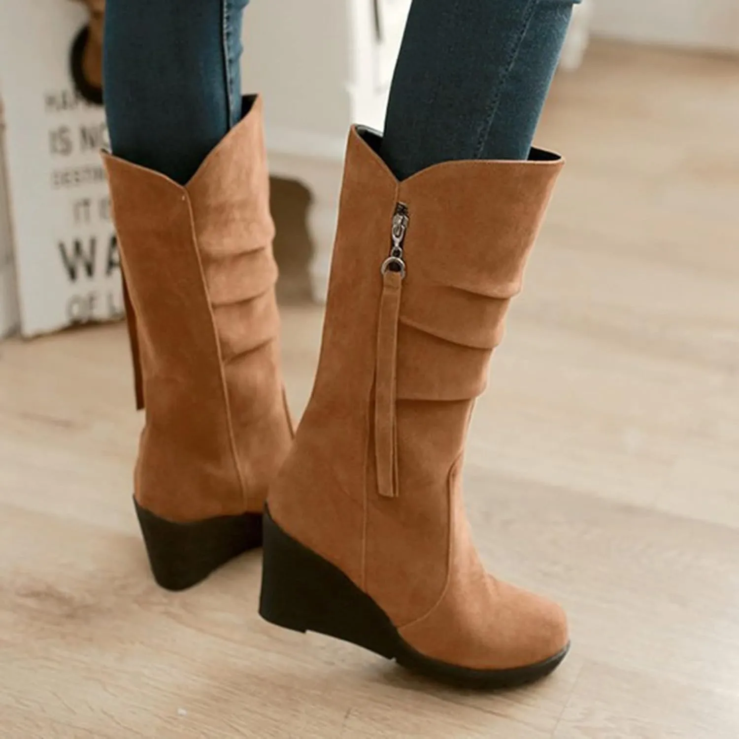 AMDBEL Wide Calf Boots for Women Wedge Heel Womens Fall Boots 2024 Winter Zipper Platform Boots Fashion Booties Shoes