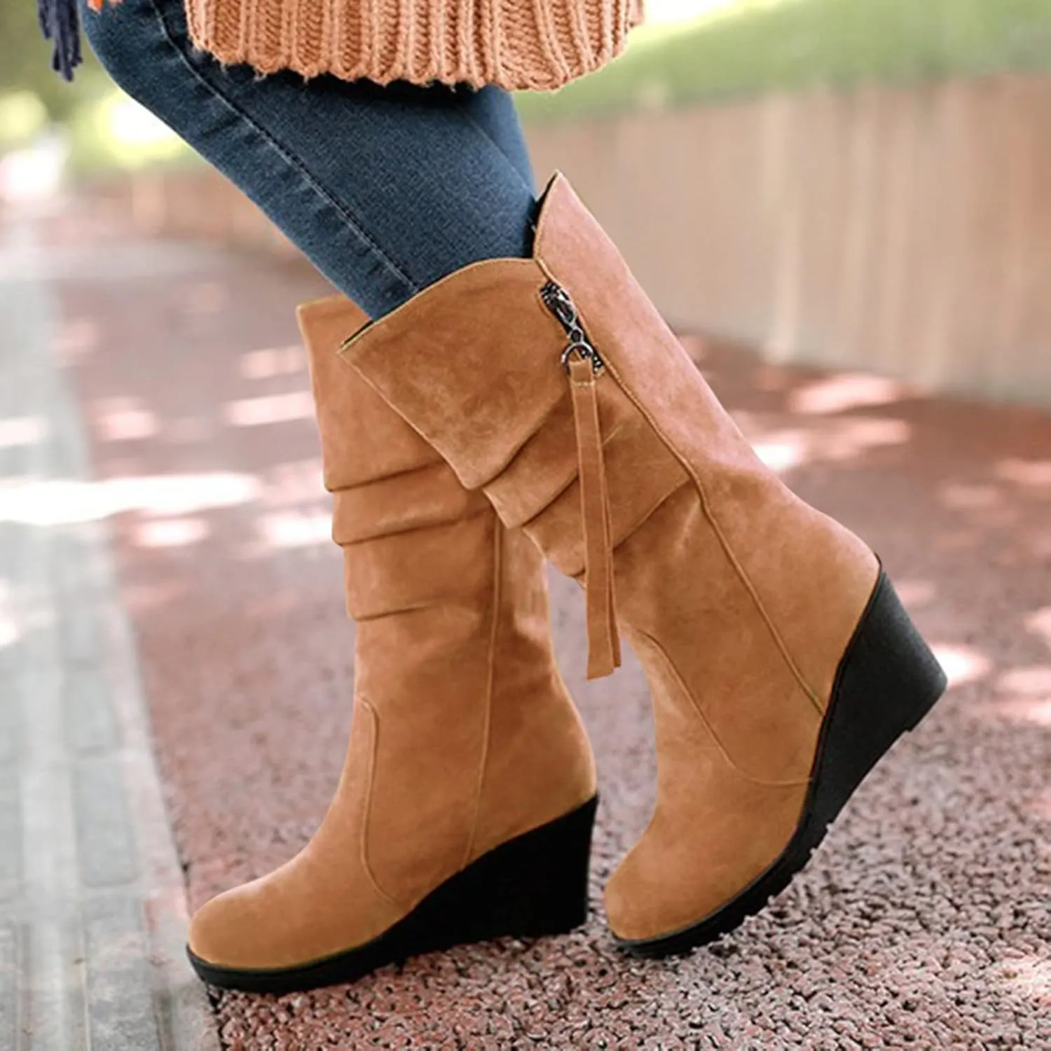 AMDBEL Wide Calf Boots for Women Wedge Heel Womens Fall Boots 2024 Winter Zipper Platform Boots Fashion Booties Shoes