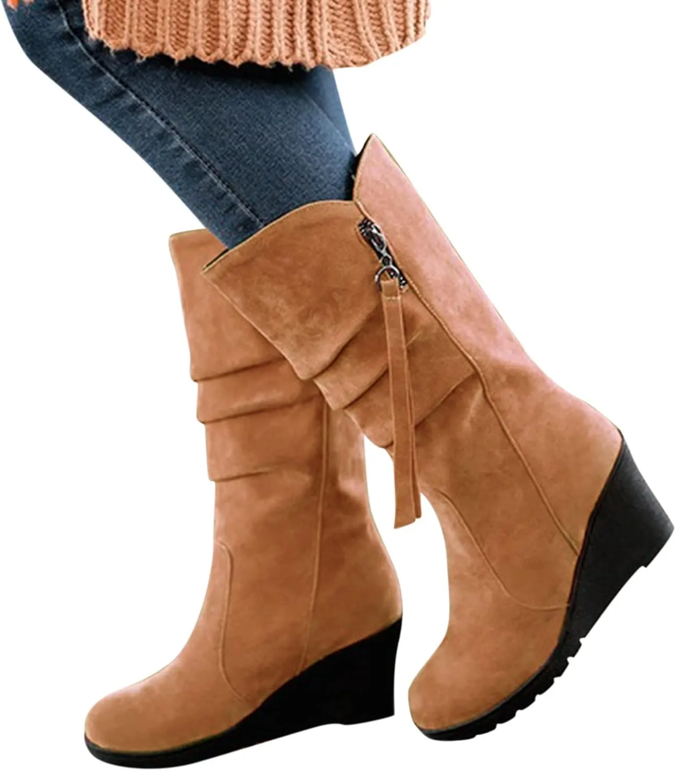 AMDBEL Wide Calf Boots for Women Wedge Heel Womens Fall Boots 2024 Winter Zipper Platform Boots Fashion Booties Shoes