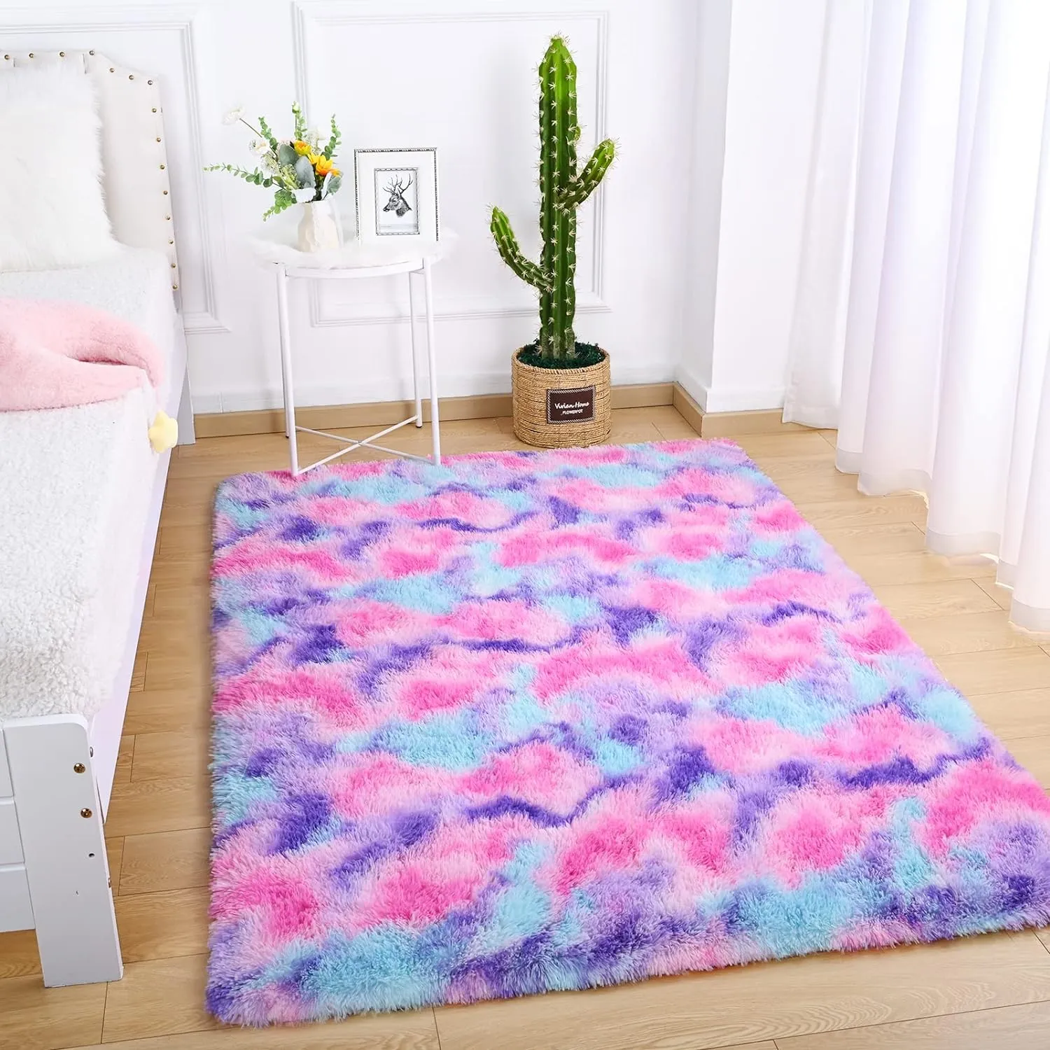 AROGAN Soft Rainbow Area Rugs for Girls Room 3x5 Feet, Fluffy Cute Colorful Princess Carpet for Kids Teens Nursery Toddler,Bedroom Hot Pink