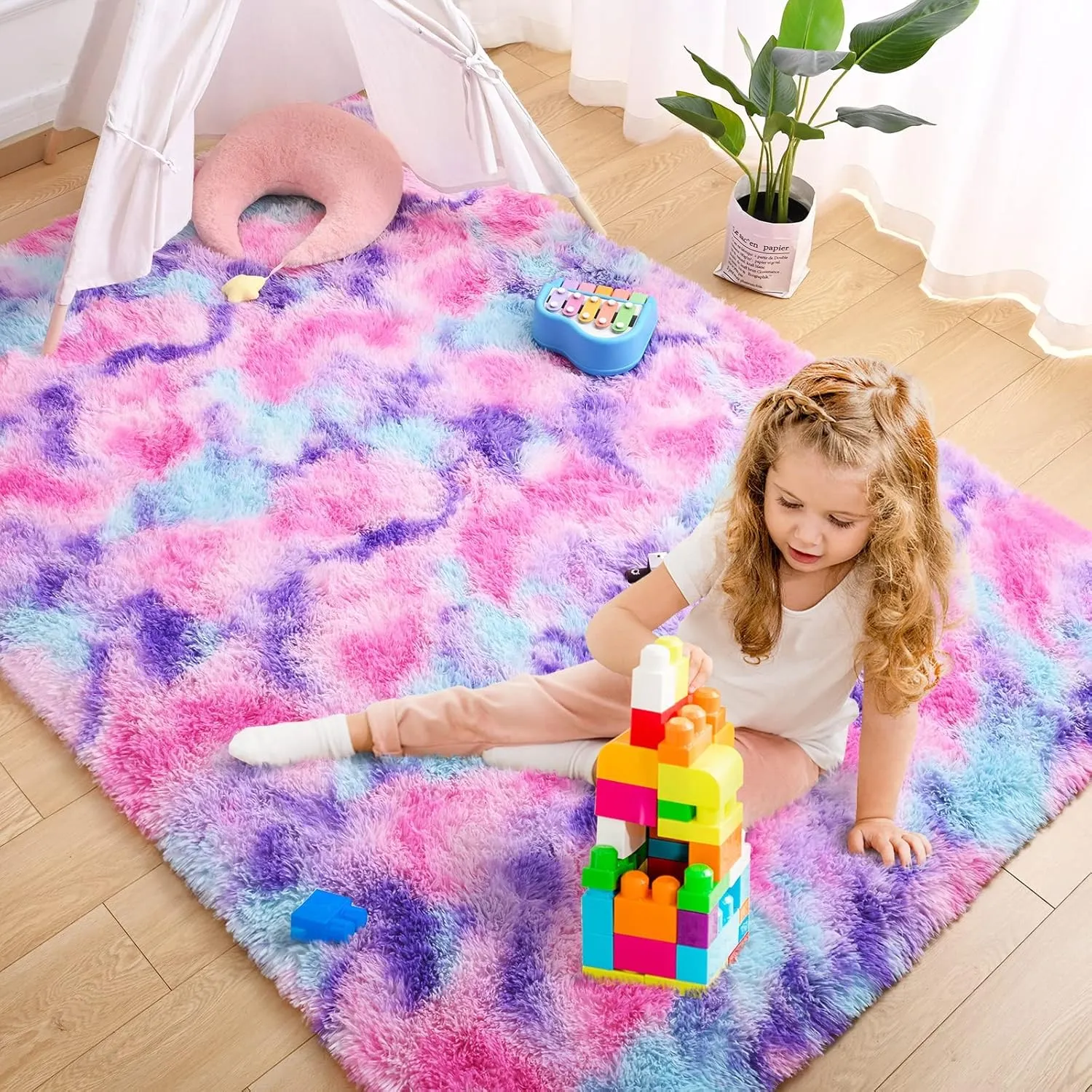 AROGAN Soft Rainbow Area Rugs for Girls Room 3x5 Feet, Fluffy Cute Colorful Princess Carpet for Kids Teens Nursery Toddler,Bedroom Hot Pink