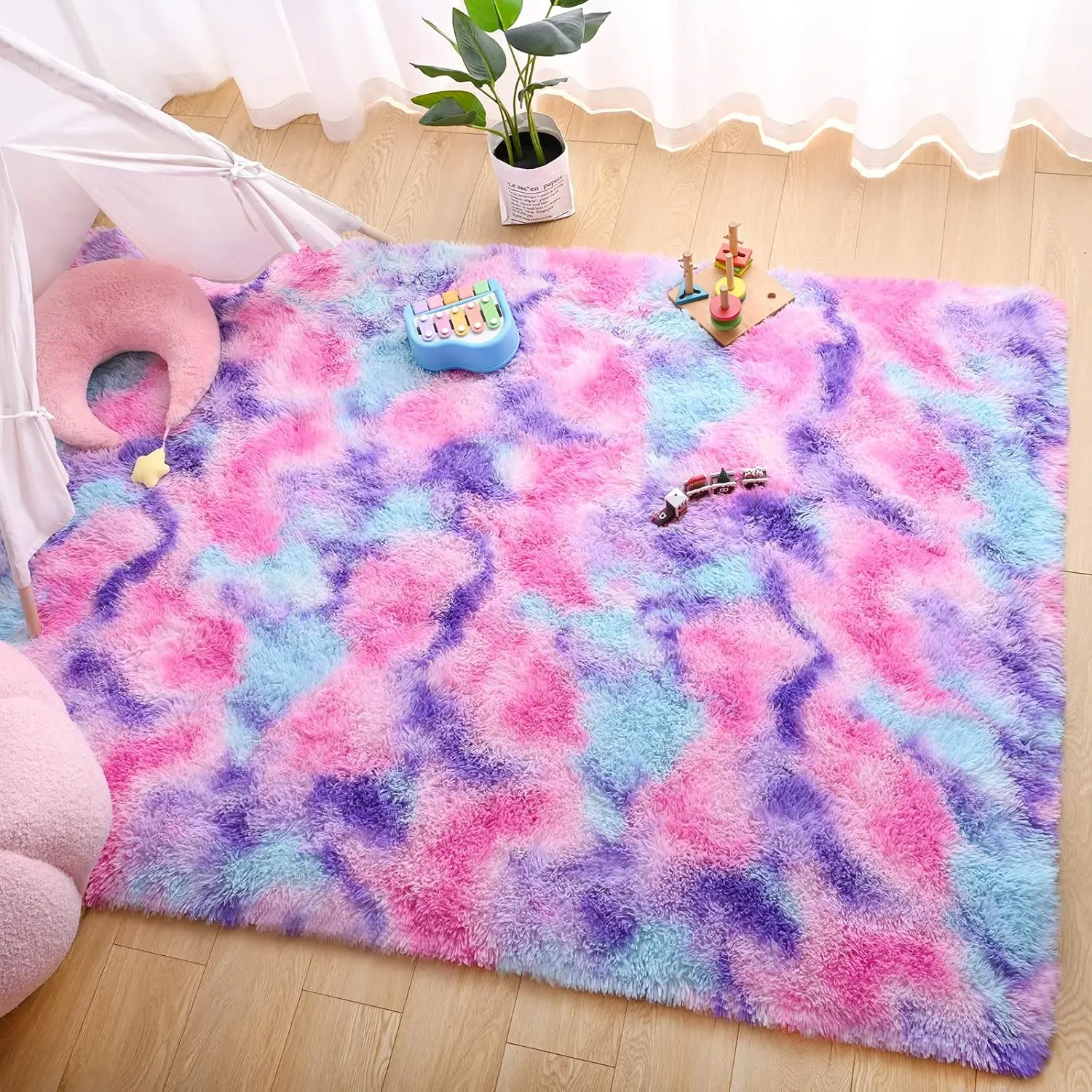 AROGAN Soft Rainbow Area Rugs for Girls Room 3x5 Feet, Fluffy Cute Colorful Princess Carpet for Kids Teens Nursery Toddler,Bedroom Hot Pink