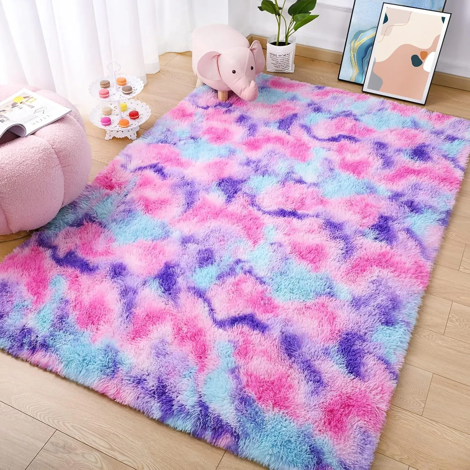 AROGAN Soft Rainbow Area Rugs for Girls Room 3x5 Feet, Fluffy Cute Colorful Princess Carpet for Kids Teens Nursery Toddler,Bedroom Hot Pink