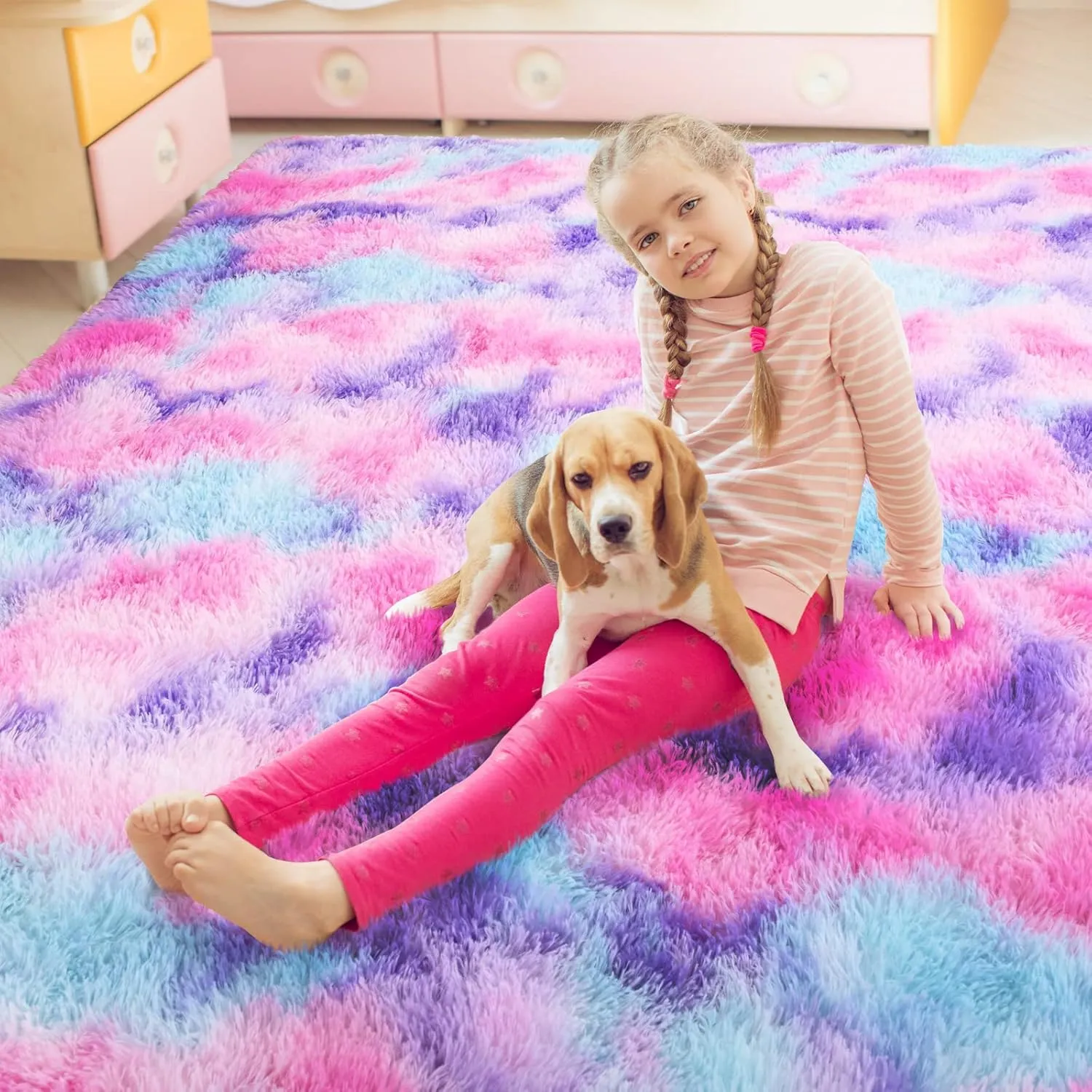 AROGAN Soft Rainbow Area Rugs for Girls Room 3x5 Feet, Fluffy Cute Colorful Princess Carpet for Kids Teens Nursery Toddler,Bedroom Hot Pink