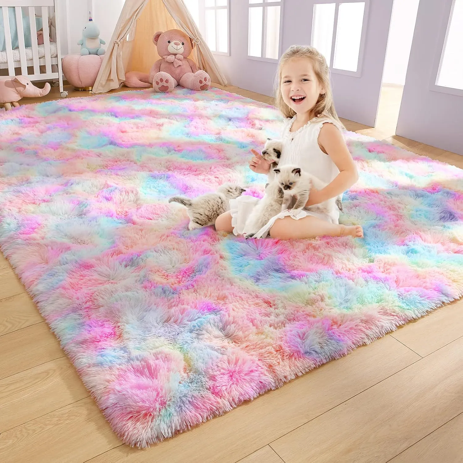 AROGAN Soft Rainbow Area Rugs for Girls Room 3x5 Feet, Fluffy Girls Bedroom Rugs, Princess Rug, Cute Colorful Carpet for Kids Teens Nursery Toddler, Pink