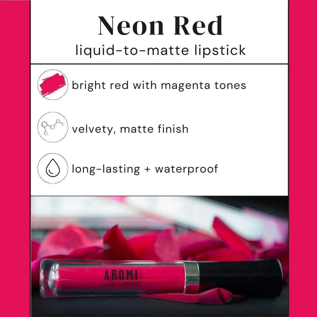 Aromi Matte Liquid Lipstick | Bright Magenta Red Lip Color, Long-Lasting, Transfer and Smudge Proof, Waterproof, Paraben, Phthalate,   Gluten Free (Neon Red)