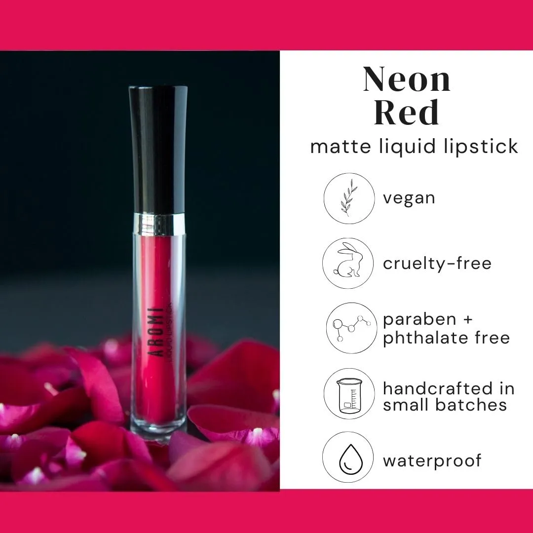 Aromi Matte Liquid Lipstick | Bright Magenta Red Lip Color, Long-Lasting, Transfer and Smudge Proof, Waterproof, Paraben, Phthalate,   Gluten Free (Neon Red)