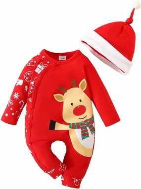 Baby Girls Boys Christmas Clothes Long Sleeve Romper Jumpsuit Snap Up Reindeer Bodysuit with (Red, 0-3 Months)