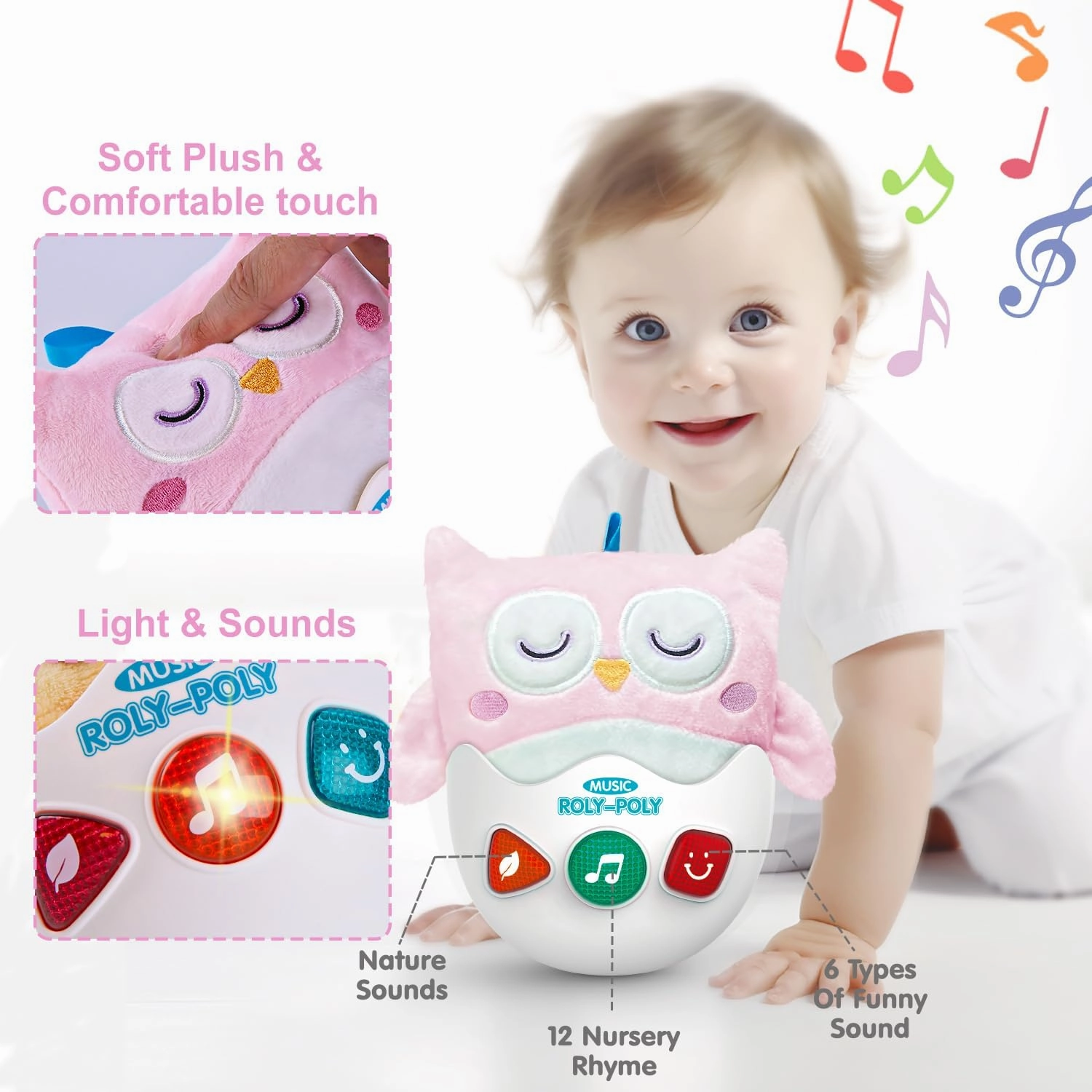 Baby Toys 0-6-12 Months, Plush Owl Stuffed Animal Musical Toys with Light & Sounds, Infant Roly-Poly Sensory Birthday Easter Egg Gift for Newborn Boys & Girls
