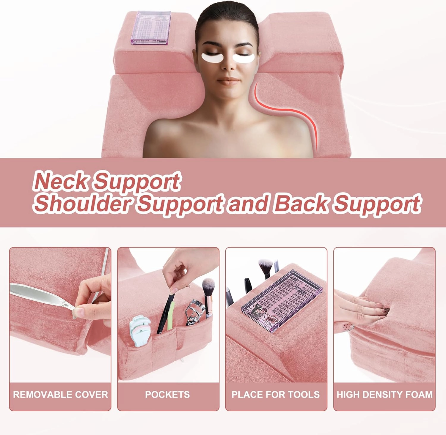 BALAPET Lash Pillows for Eyelash Extensions Ergonomic and Comfortable Velvet Foam Eyelash Pillow for Neck and Back Support Pillow Side Pockets can be Placed Tools,Easy to Graft Eyelashes(Pink)