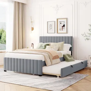Ball & Cast Full Size Velvet Upholstered Platform Bed with Twin Size Pull Out Trundle,Wood Bed Frame W/Striped Headboard Design and 10 Reinforced Slats Supports,Bedroom Furniture for Boys,Girls,Pink
