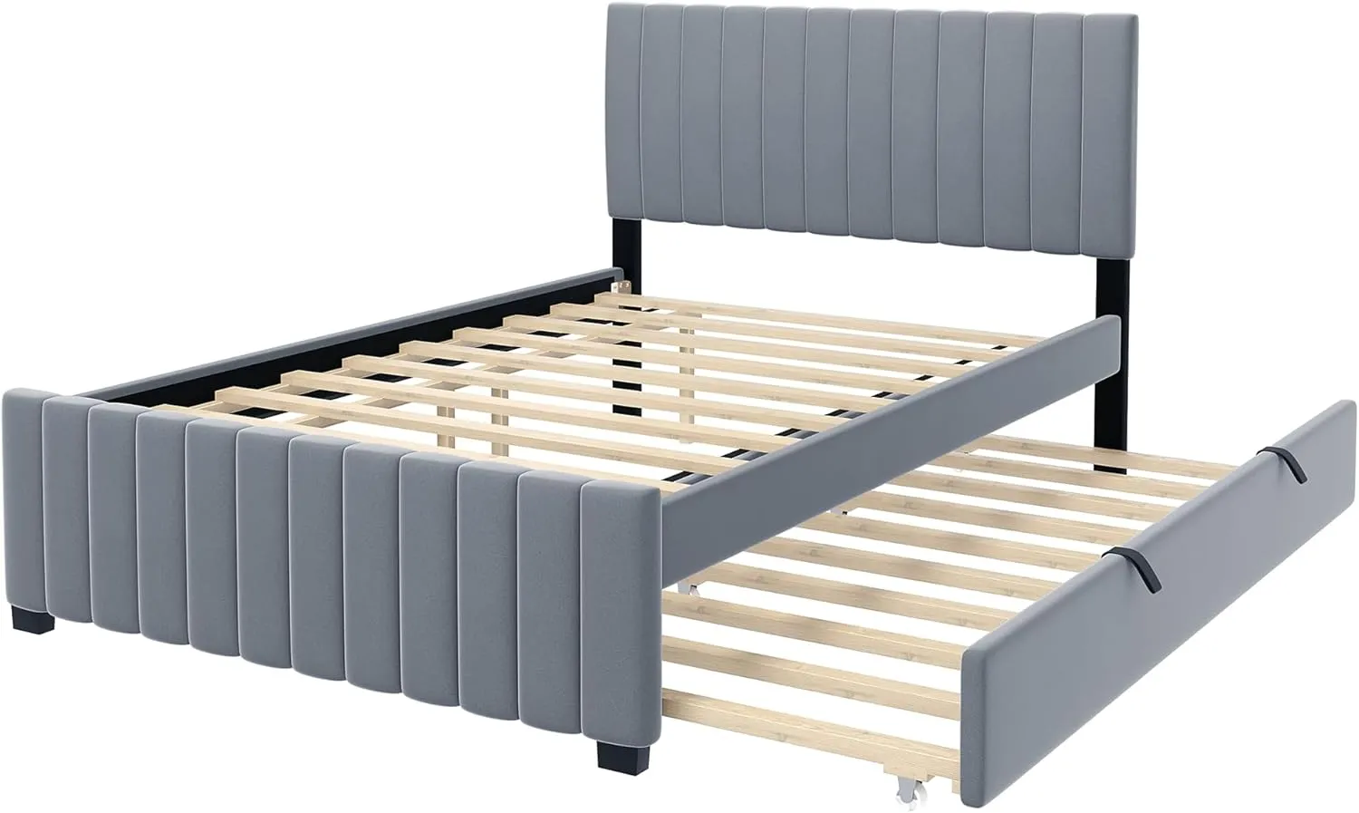 Ball & Cast Full Size Velvet Upholstered Platform Bed with Twin Size Pull Out Trundle,Wood Bed Frame W/Striped Headboard Design and 10 Reinforced Slats Supports,Bedroom Furniture for Boys,Girls,Pink