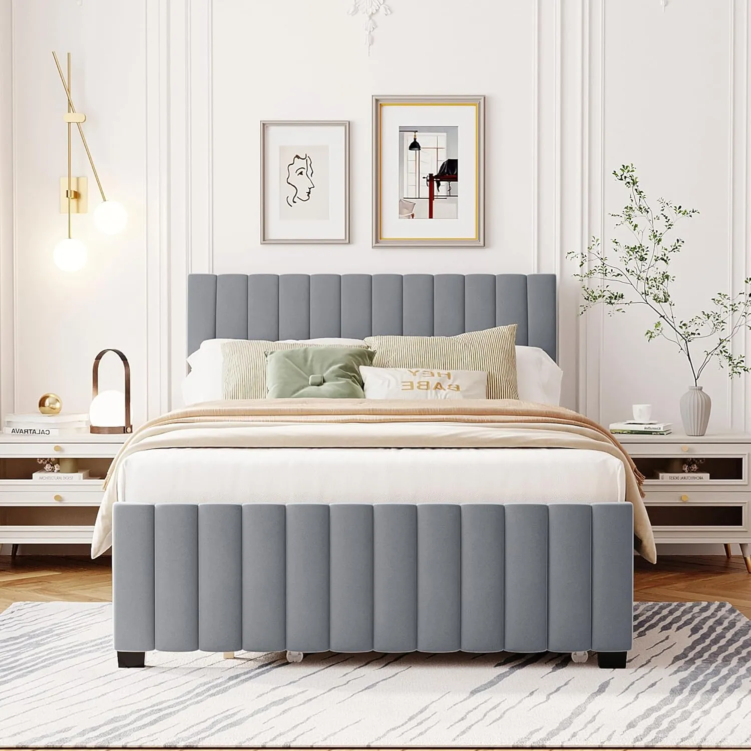 Ball & Cast Full Size Velvet Upholstered Platform Bed with Twin Size Pull Out Trundle,Wood Bed Frame W/Striped Headboard Design and 10 Reinforced Slats Supports,Bedroom Furniture for Boys,Girls,Pink