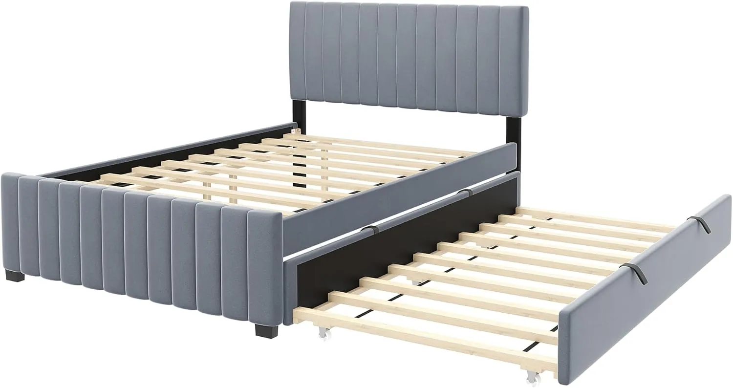 Ball & Cast Full Size Velvet Upholstered Platform Bed with Twin Size Pull Out Trundle,Wood Bed Frame W/Striped Headboard Design and 10 Reinforced Slats Supports,Bedroom Furniture for Boys,Girls,Pink