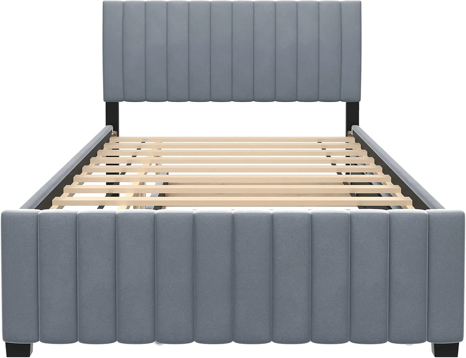 Ball & Cast Full Size Velvet Upholstered Platform Bed with Twin Size Pull Out Trundle,Wood Bed Frame W/Striped Headboard Design and 10 Reinforced Slats Supports,Bedroom Furniture for Boys,Girls,Pink