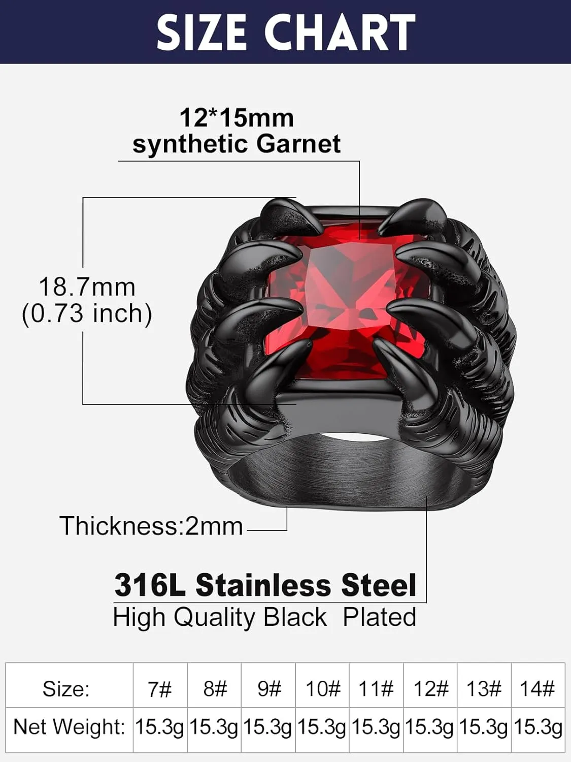 Bandmax Mens Luxury Gothic Rings, Stainless Steel Retro Style Crystal Stone Signet Ring Punk Halloween Costume Jewelry Ring for Men Women Gift Packed