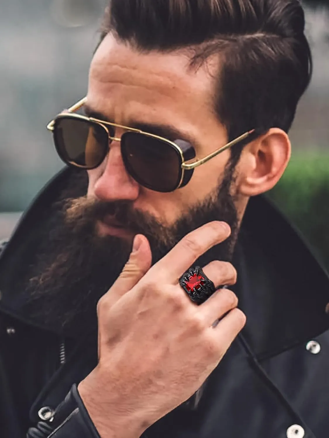 Bandmax Mens Luxury Gothic Rings, Stainless Steel Retro Style Crystal Stone Signet Ring Punk Halloween Costume Jewelry Ring for Men Women Gift Packed