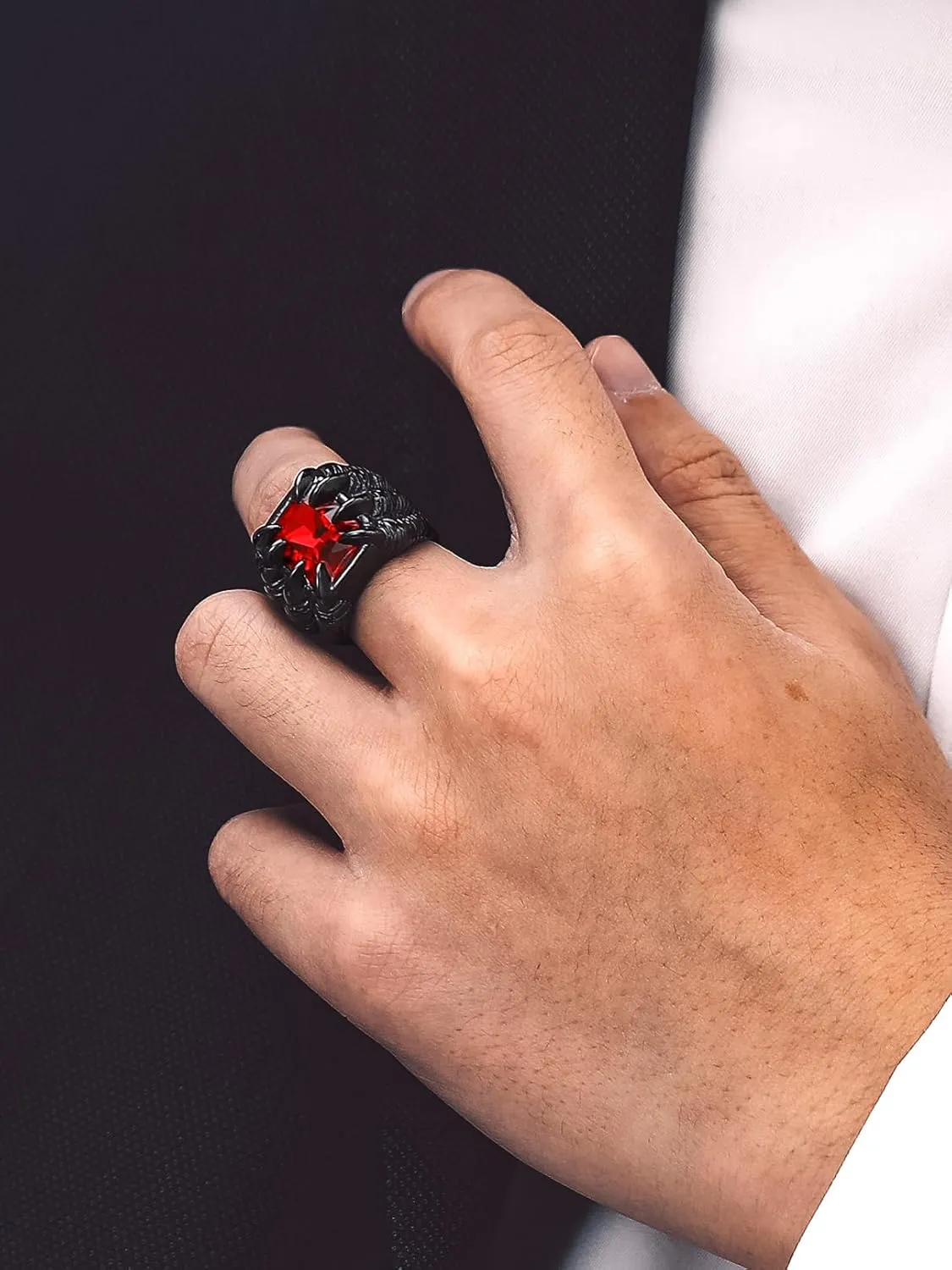 Bandmax Mens Luxury Gothic Rings, Stainless Steel Retro Style Crystal Stone Signet Ring Punk Halloween Costume Jewelry Ring for Men Women Gift Packed