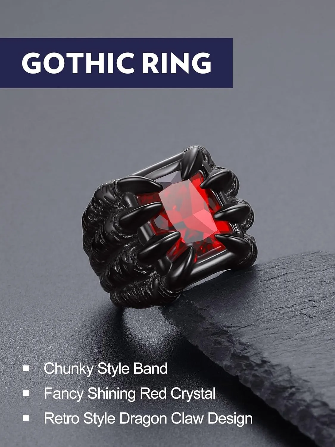 Bandmax Mens Luxury Gothic Rings, Stainless Steel Retro Style Crystal Stone Signet Ring Punk Halloween Costume Jewelry Ring for Men Women Gift Packed