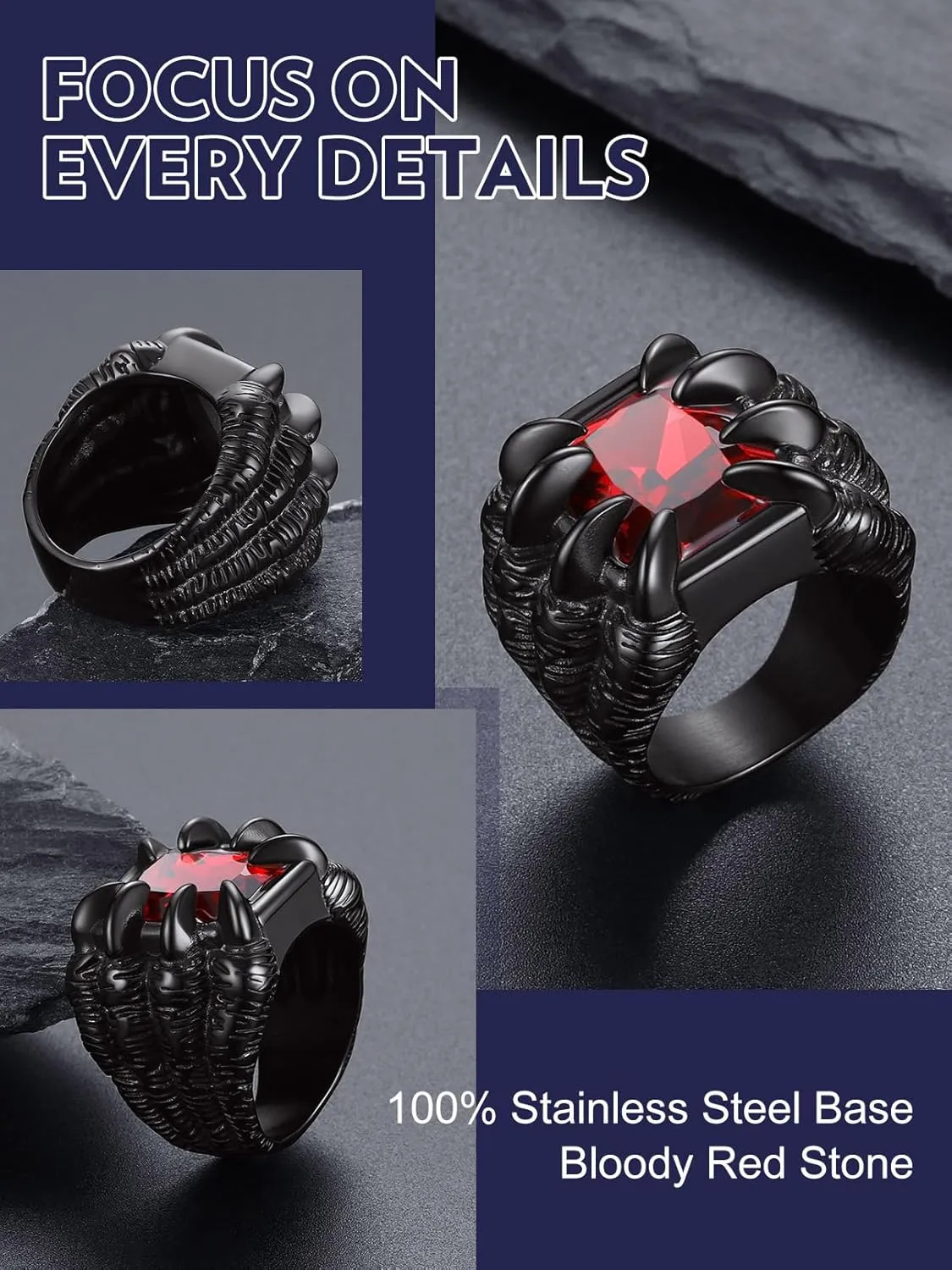 Bandmax Mens Luxury Gothic Rings, Stainless Steel Retro Style Crystal Stone Signet Ring Punk Halloween Costume Jewelry Ring for Men Women Gift Packed