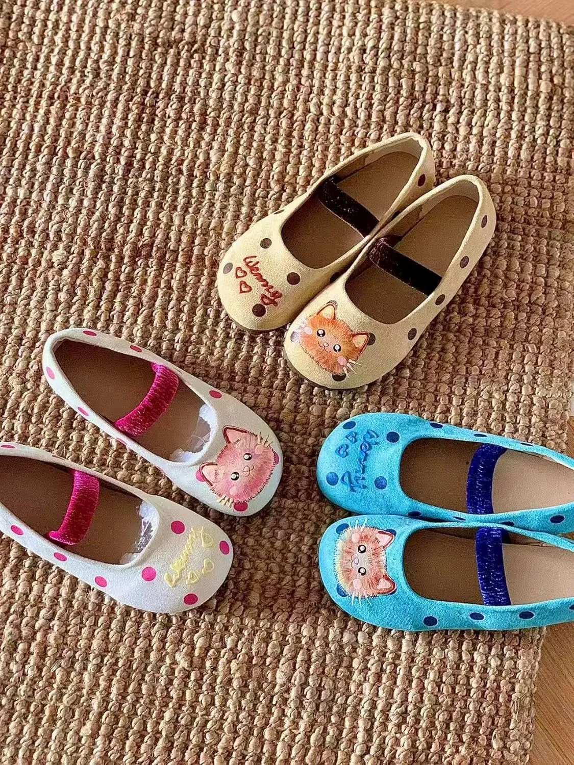 BB BEROBELLO Cute Cat Design Ballet Flats, Polka Dot Pattern Mary Jane Shoes, Velvet Strap, 3 Colors Available
