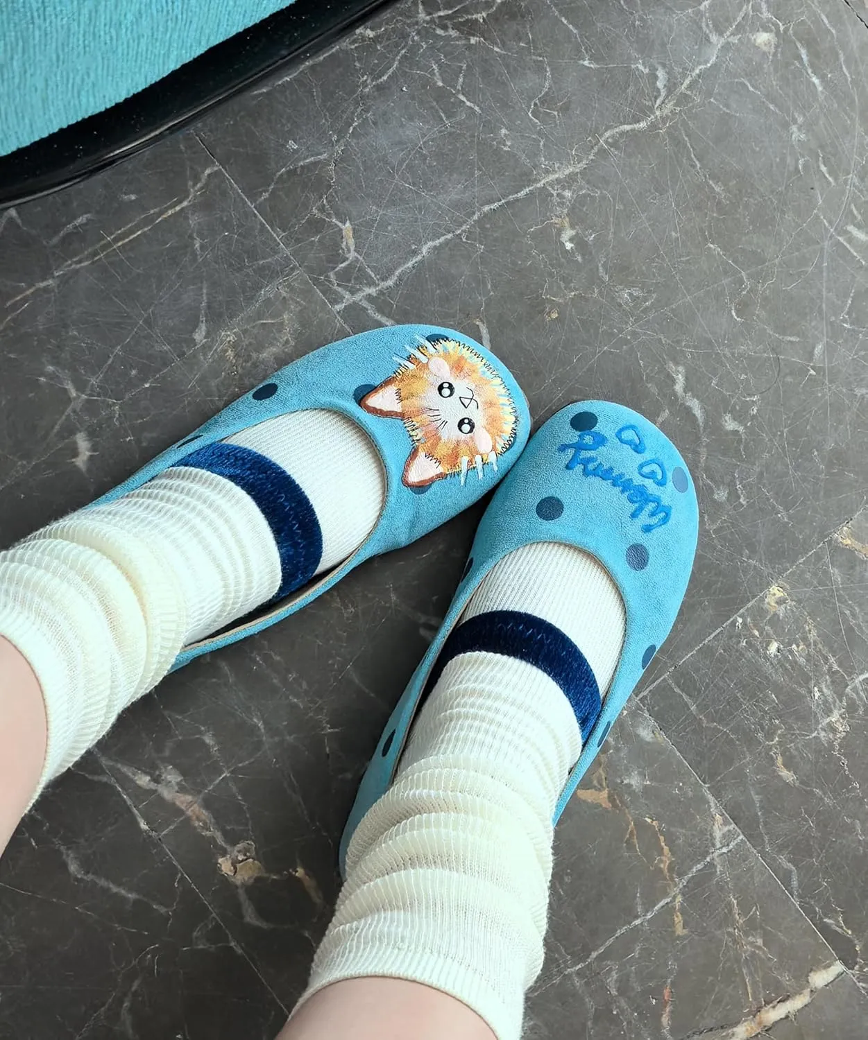 BB BEROBELLO Cute Cat Design Ballet Flats, Polka Dot Pattern Mary Jane Shoes, Velvet Strap, 3 Colors Available