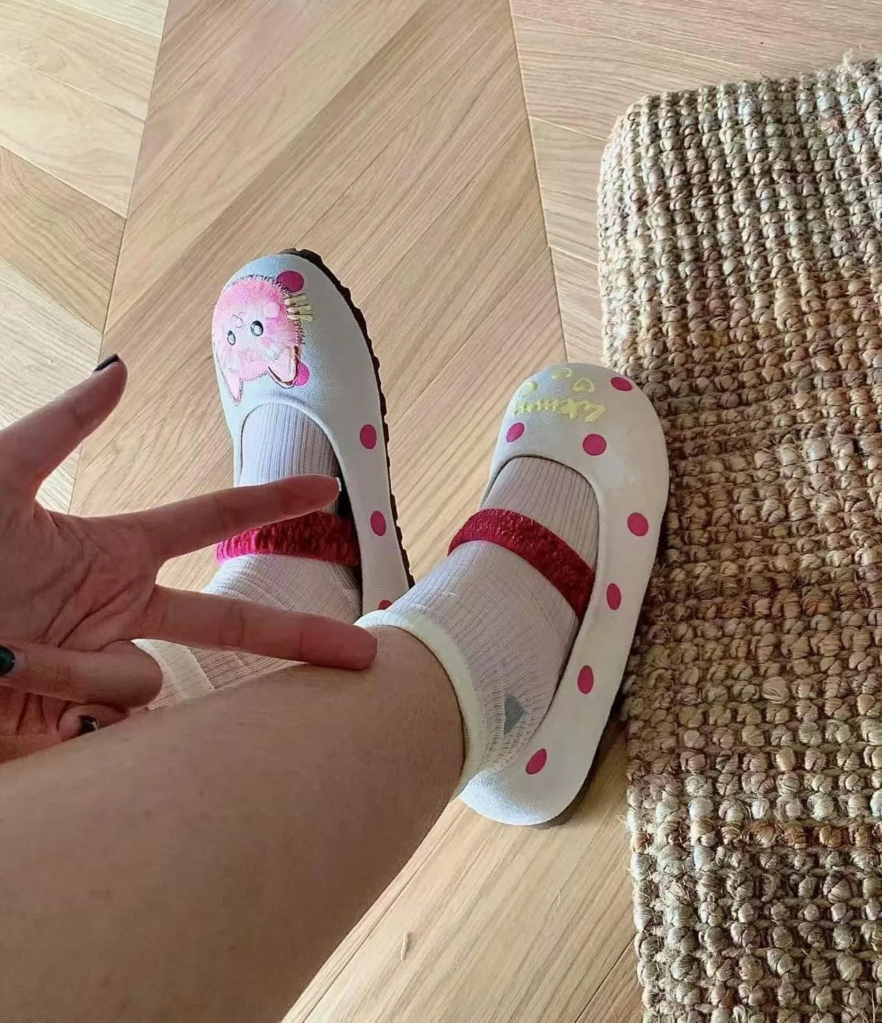 BB BEROBELLO Cute Cat Design Ballet Flats, Polka Dot Pattern Mary Jane Shoes, Velvet Strap, 3 Colors Available
