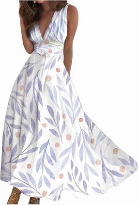 Beach Dresses for Women,Spring Summer Trendy Elegant V Neck Wrap Floral Boho Dress Flowy Ruched Hawaiian Maxi Dress