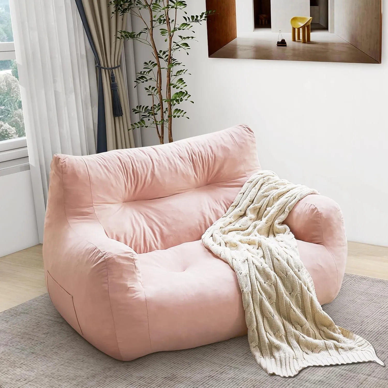 Bean Bag Chair, 2-Seater Bean Bag Couch for Adults, Big Accent Sofa Chair with Pocket & Wide Armrests, Floor Sofa for Living Room, Bedroom, Apartment, Dorms, Velvet Fabric, Pink