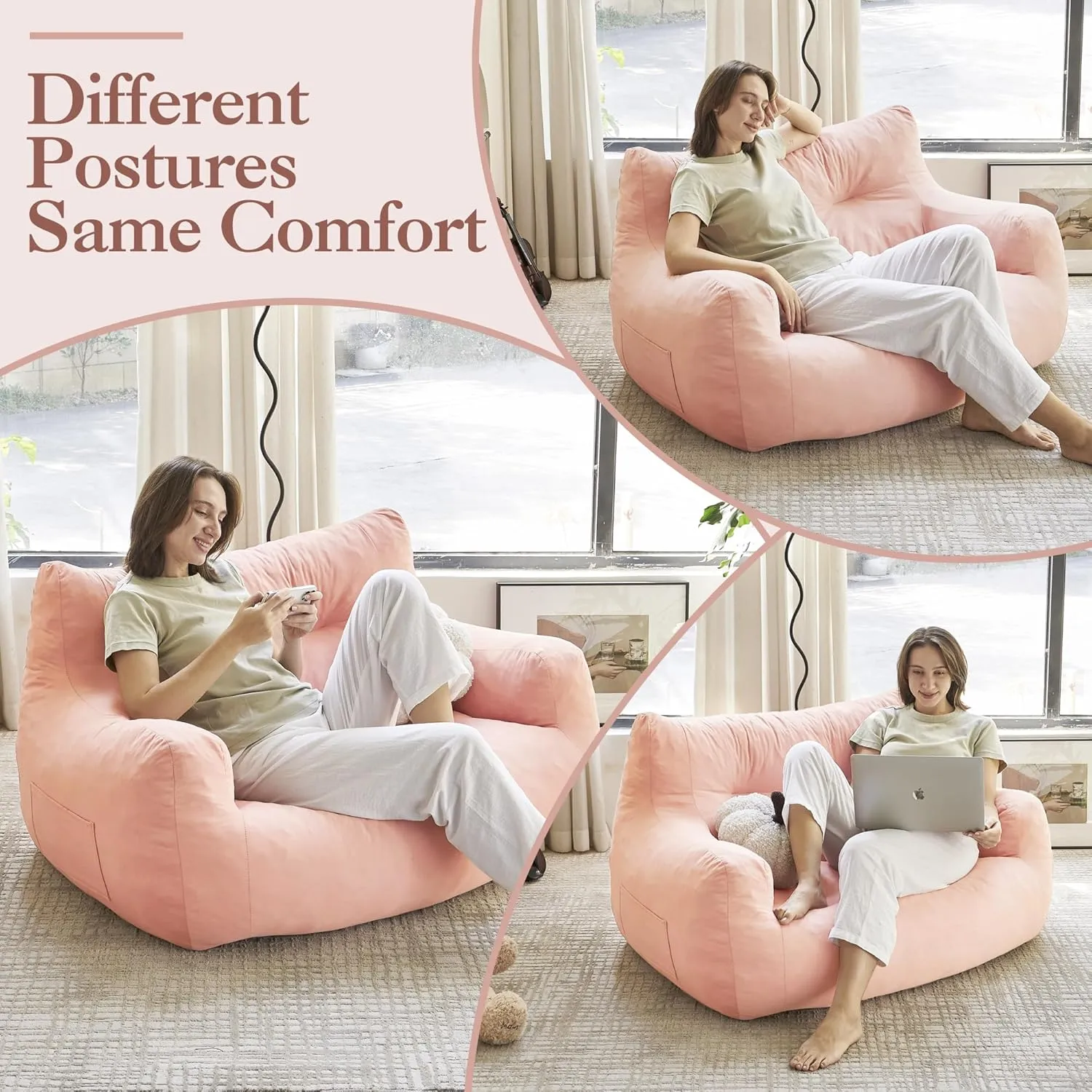 Bean Bag Chair, 2-Seater Bean Bag Couch for Adults, Big Accent Sofa Chair with Pocket & Wide Armrests, Floor Sofa for Living Room, Bedroom, Apartment, Dorms, Velvet Fabric, Pink