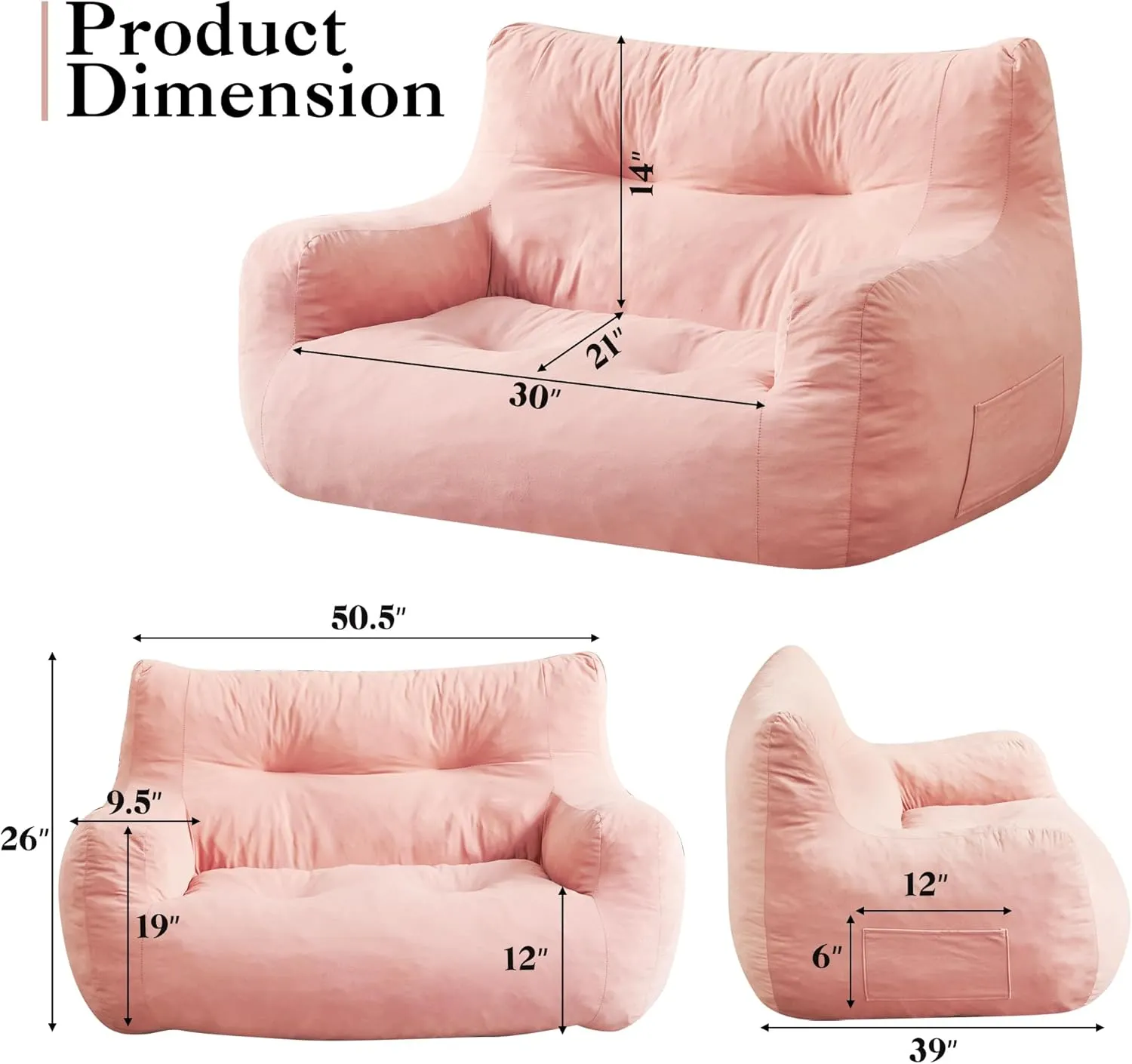 Bean Bag Chair, 2-Seater Bean Bag Couch for Adults, Big Accent Sofa Chair with Pocket & Wide Armrests, Floor Sofa for Living Room, Bedroom, Apartment, Dorms, Velvet Fabric, Pink