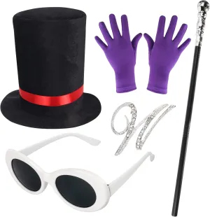 Beelittle Black Top Hat Costume Set Silver Walking Scepter Purple Gloves Retro Sunglasses Brooch for Halloween Accessories