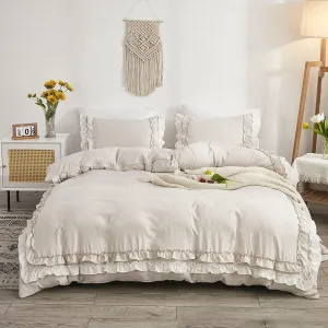 Beige Ruffled Duvet Cover Set Queen Size Vintage Ruffle Fringe Comforter Cover with 1 Row of Handmade White Ruffle,Farmhouse Rustic Microfiber Bedding,Zipper Closure,3 Pieces(No Comforter)