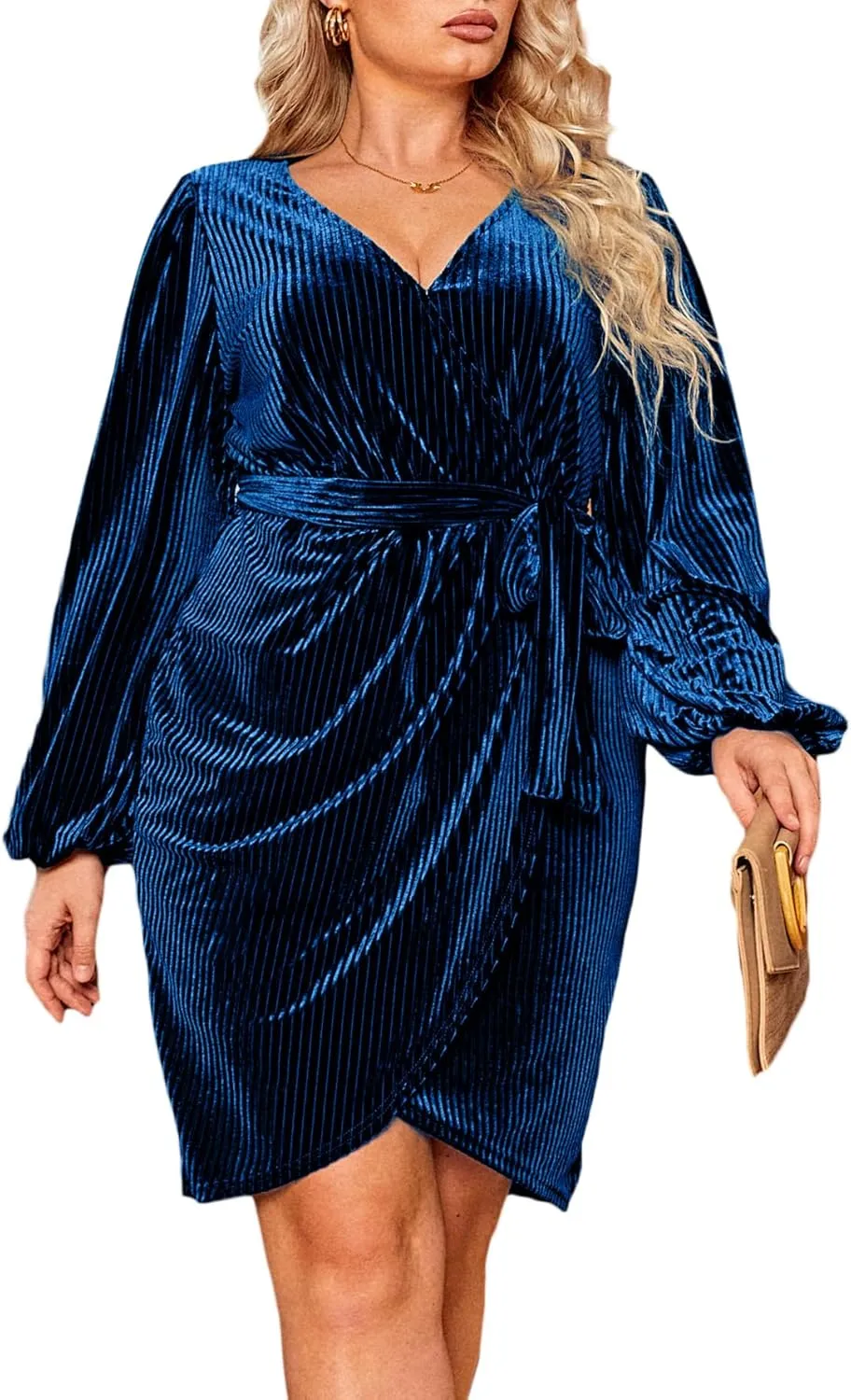 BerryGo Women's Plus Size Long Sleeve Wrap Semi Formal Velvet Mini Dress Sexy Cocktail Party Winter Club Dress