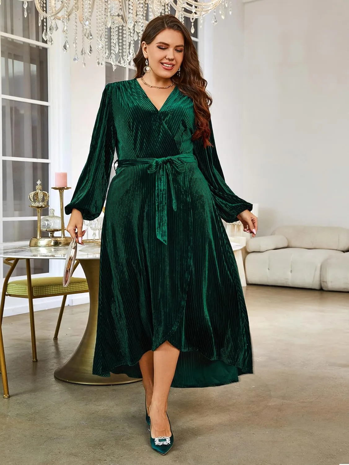 BerryGo Women's Velvet V Neck Wrap Semi Formal Dress Cocktail Party Maxi Dress for Wedding Guest