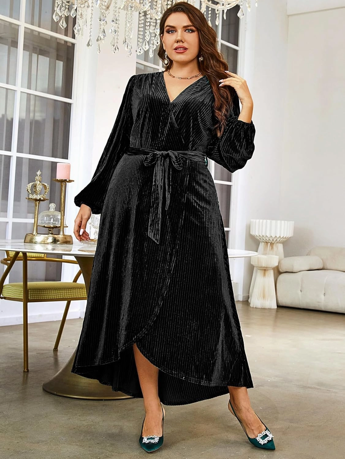 BerryGo Women's Velvet V Neck Wrap Semi Formal Dress Cocktail Party Maxi Dress for Wedding Guest