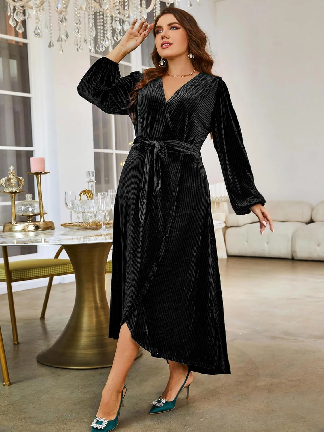 BerryGo Women's Velvet V Neck Wrap Semi Formal Dress Cocktail Party Maxi Dress for Wedding Guest