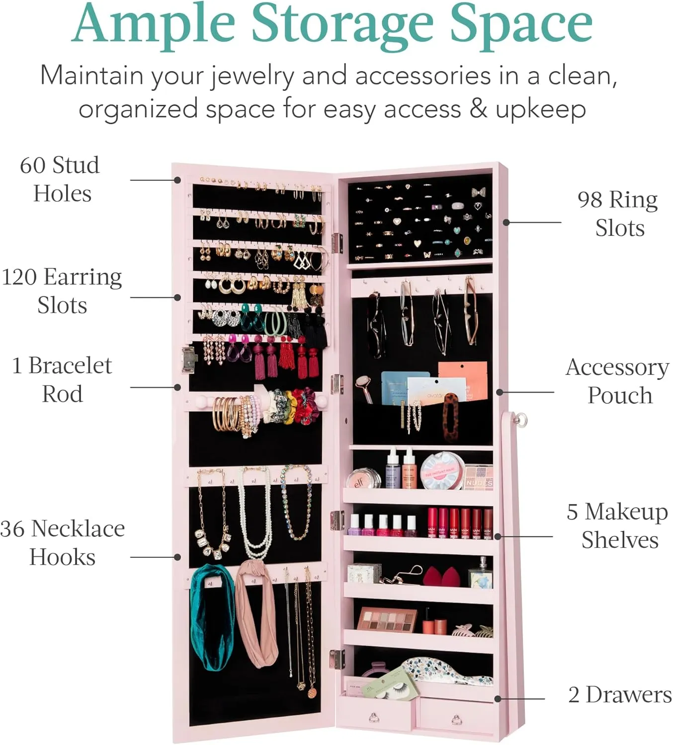 Best Choice Products Freestanding Jewelry Armoire Cabinet, Full Length Standing Mirror, Lockable Makeup Storage Organizer, w/Velvet Lining, 3 Angles, Lock, Accessory Pouch, 5 Shelves - Dusty Pink