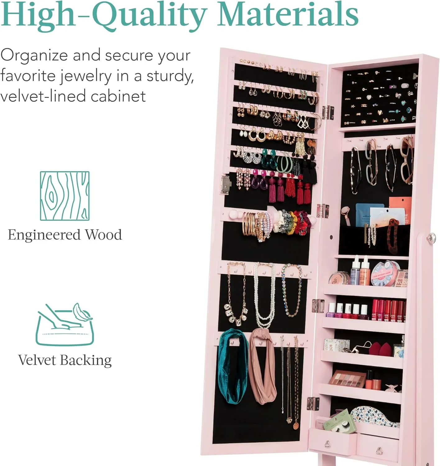 Best Choice Products Freestanding Jewelry Armoire Cabinet, Full Length Standing Mirror, Lockable Makeup Storage Organizer, w/Velvet Lining, 3 Angles, Lock, Accessory Pouch, 5 Shelves - Dusty Pink