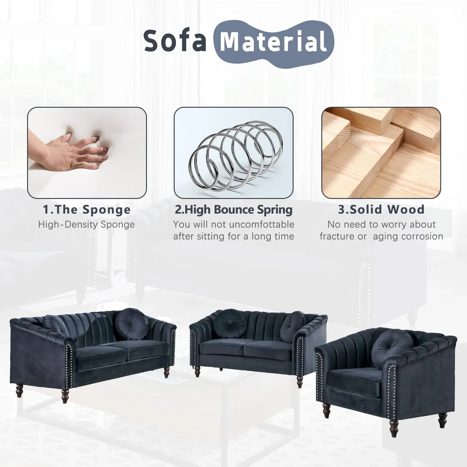 Black Chesterfield Velvet Sofa Couch Set (Chair/Loveseat/Sofa) - for Living Room Furniture Sets、Offices、Apartments