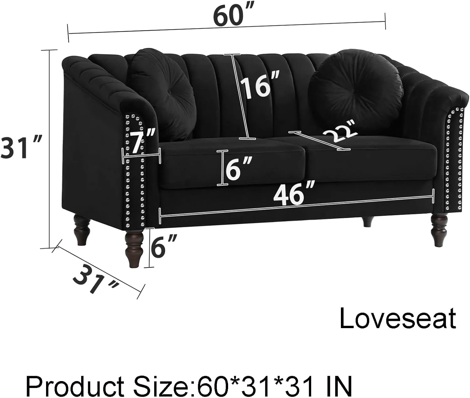 Black Chesterfield Velvet Sofa Couch Set (Chair/Loveseat/Sofa) - for Living Room Furniture Sets、Offices、Apartments